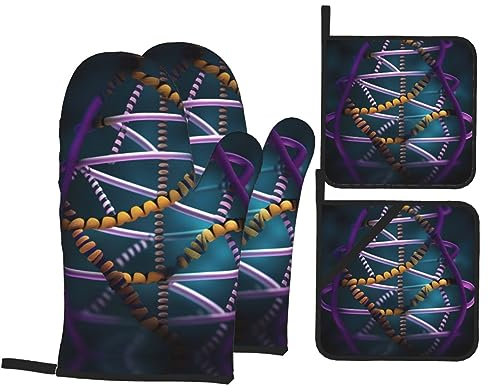 DNA Chain Photo Extra Lange Ofenhandschuhe und Hot Pads Set 4 Stück zum Kochen und Backen mit Taschen
