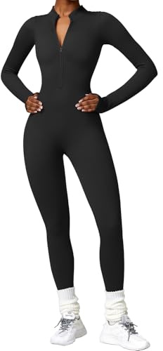 JN JANPRINT Damen Yoga Jumpsuit Eng Lang Sport Overall Langarm Playsuit V-Ausschnitt Reißverschluss Bodycon Strampler Trainingsanzug Slim Einteiler Jogginganzug Club Outfit