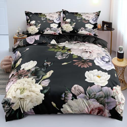 DXHOME Bettwäsche Blumen 155x220cm Weiß Beige Vintage Blumenmuster Botanisch Pflanze Muster Aesthetic Bettwäsche Bettbezug mit Reißverschluss und 2 Kissenbezüge 80 x 80cm