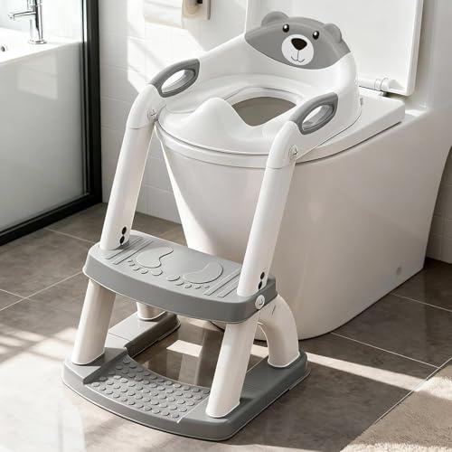 SKYROKU Toilettensitz 2 in 1 Toiletten Aufsatz für Kinder 2-7 Jahre Upgraded Stabil bis 90kg PP(BPA-frei) Wc Sitz mit Treppe Brille Toilettenleiter Rutschfestes Familie Kita (Grau-8898)