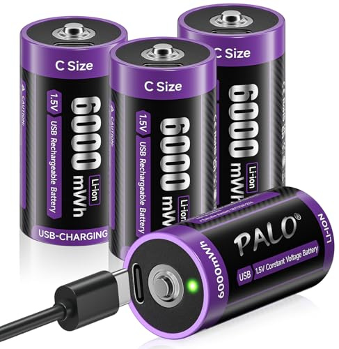 Mspalocell Rechargeable Lithium C Batteries 4 Pack, 1.5V C Cell Batteries with 2 in 1 USB-C Charging Cable, 6000mWh High Capacity Size C Li-ion Battery for Floodlight Toys, Recharge up to 1200+ Cycles