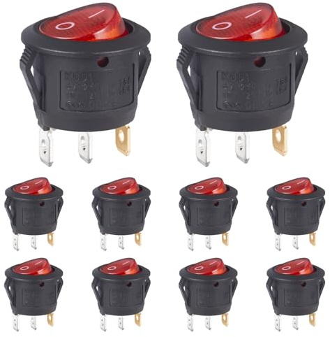 VEXUNGA Kippschalter 3 Polig Rund Wippschalter Rot Beleuchtet 6A 250V AC 10A 125V Ein/Aus SPST 3Klemmen Runde Schalter Rotes Licht Einbauschalter (10 Stück)