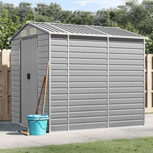 SECOLI Gerätehaus mit Schrägdach Metallunterstand Fahrradgarage Metall Unterstand Wetterfest Geräteschuppen Metallgerätehaus 191 x 215 x 198 cm Fahrradunterstand Geräteschuppen Hellgrau