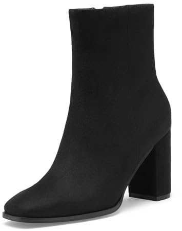 GENSHUO Stövletter med kvadratiskt tåområde för kvinnor, 8 cm hög blockklack, korta stövlar, fashionabla stövlar med dragkedja på sidan, Svart mocka, 41 EU