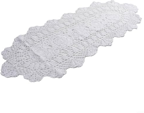 Runner da tavola vintage in pizzo all'uncinetto, realizzato a mano, tovaglia ovale con fiori fortunati, centrini, 30 x 80 cm (bianco)