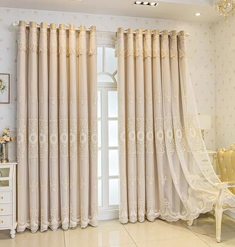 Beydodo Verdunkelungsvorhänge mit Ösen Khaki, Gardinen Blickdicht 2er Set 137x160CM Doppellagig Stickerei mit Blumen Motiv Vorhang Verdunkelnd Polyester Kinderzimmer Schlafzimmer