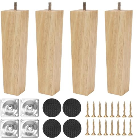 Luabue 4 Stück Möbelfüße aus Holz 20 cm quadratische Holzbeine für Möbel für Schränke Sofa Bett Tisch mit Montageplatte, Anti-Rutsch-Pads und Schrauben