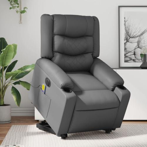 Homgoday Massagesessel mit Aufstehhilfe Elektrisch, Fernsehsessel Relaxsessel Seniorensessel Aufstehsessel mit Liegefunktion, TV Sessel Ruhesessel für Wohnzimmer Grau Kunstleder