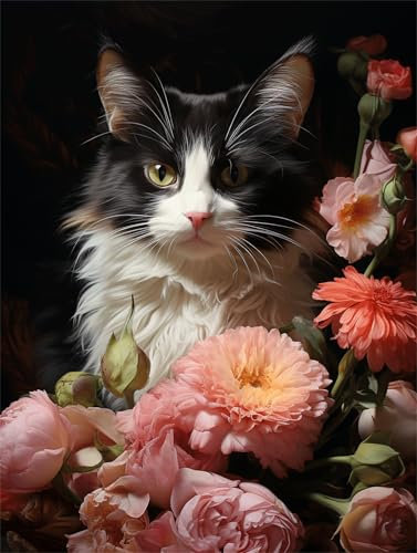 Katze Malen Nach Zahlen Erwachsene Groß 80x110cm, Malen Nach Zahlen Rose, Kreativ Set für Erwachsene, DIY Handgemalt Ölgemälde Leinwand Kit mit 3 Set Pinseln Acrylfarben, Home Wand Dekor, Rahmenlos