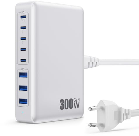 300W Chargeur USB C avec 8 Ports GaN Ⅳ Tech, 100W Chargeur Rapide PD QC PPS Prise USB C Multiple Station de Charge Compatible avec MacBook Pro/Air Laptop, iPhone, iPad Pro, Galaxy, SteamDeck-Blanc