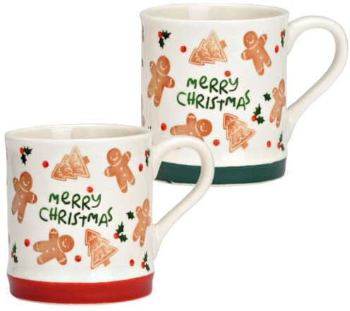 Lot de tasses de Noël en porcelaine avec inscription « Merry Christmas » - 350 ml - Avec motifs pain d'épices en rouge et vert - 13 x 10 cm - Idéales pour le café, le thé ou le vin chaud - Passe au