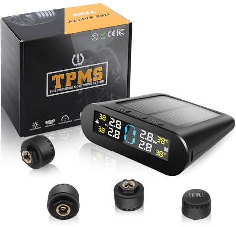 Liwogi TPMS Reifendruckkontrollsystem Solar mit Alarmmodus, kabelloser Reifendruckmonitor mit 4 Sensoren für Wohnwagen, Limousine, Wohnmobil, SUV, Auto, Arbeitstemperatur: -20 ℃ - + 85 ℃, 0-3,5 Bar