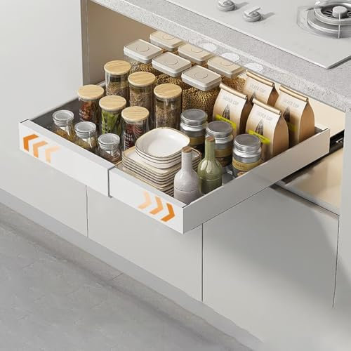 Tielag Teleskopschublade, Ausziehbare Schublade Küche 32-52 cm B x 42 cm T x 7.5 cm H, Erweiterbar Ausziehbarer Schrank Organizer, Schubladenauszug Kein Bohren, Weiß