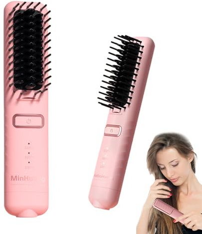 Cordless Hair Straightener Brush,Cordless Hair Styler Portable Cordless Hot Brush USB Rechargeable Ionic Smoothing Heated Styling Hairbrush,Suitable for Women's Travel (Pink)