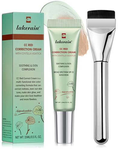 CC Red Correct Crema +Pennello Fondotinta, Crema CC Colorata Anti-Rossore, CC Cream con Centella Asiatica, SPF 25, Copertura Naturale, Impermeabile e di Lunga Durata, Crea un Aspetto Naturale