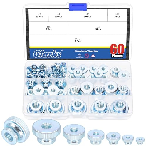 Glarks 60pcs M3/4/5/6/8/10 Knurled Thumb Nuts, Silver Carbon Steel High Head Through Hole Nut, Nickel Plated Round Knobs Fasteners, Round Knurled Thumb Nuts for 3D Printer Parts, Machine Tools