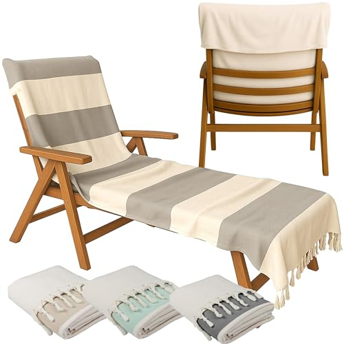 CalmyBEACH Handtuch für Sonnenliege 200x70cm - mit Kapuze 100% Baumwolle Schonbezug für Gartenliege Liegenhandtuch mit Umschlag Liegestuhl Bezug Liege Strandliege (Grau/Natur)