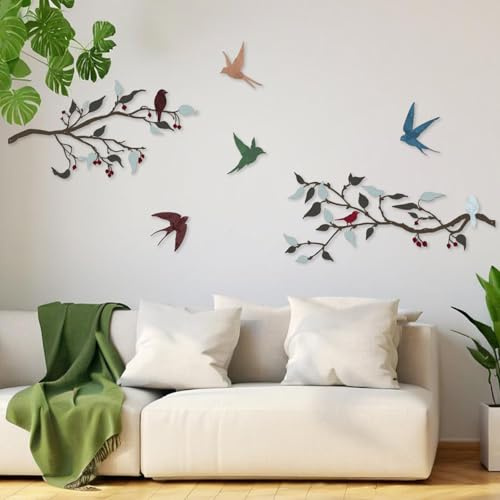 Pduoduo Set di decorazioni murali di uccelli in metallo uccelli in metallo su rami decorazioni da appendere a parete per la casa il soggiorno il giardino il balcone l'interno e l'esterno | Uccello su ramo, foglie appese, per interni ed esterni, per casa e giardino