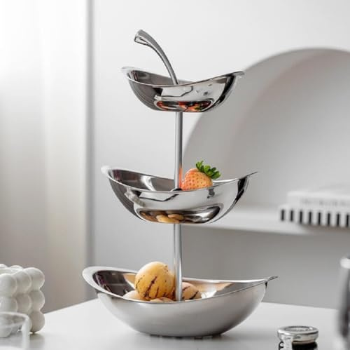 JUNYFFF Frutero De Acero Inoxidable De 3 Piso, Vintage Cesta De Frutas De Cerámica Plateado Cerámica Juego De Cuencos para Decoración De Cocina, Verduras, Frutas, Aperitivo,3 Tier