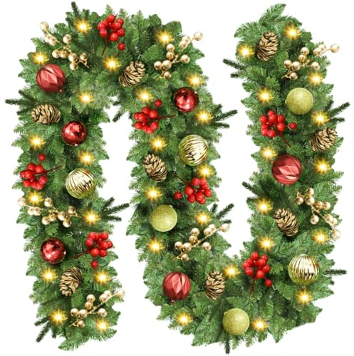 Christmas Garland, 9FT Christmas Garland with Lights Fireplace Garland Christmas Wreath, 2.7M Pre lit Christmas Garland Decoration, 30LED Xmas Garland for Stairs, Mantle, Front Door, Home, Outdoor