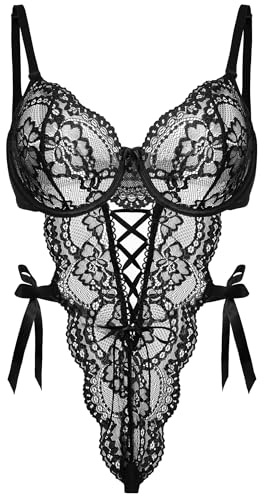 EVELIFE Sexiga underkläder för kvinnor, body, spets, bodysuit, strumpbyxor, babydoll, V-ringad, underkläder med satinrosett, knäpp, crotch, teddy, sexiga underkläder, S–XXL, svart, XL