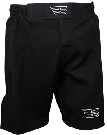 E6 MAX SPORTS Classic MMA Shorts – MMA Fight Shorts, No Gi, Jiu Jitsu, Grappling, Boxing, Kickboxing, Cage Fighting, UFC Training Shorts (UK, Alpha, M, Regular, Regular, Youth, Black)