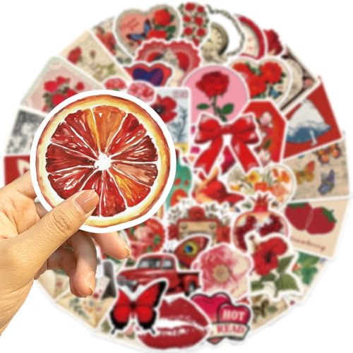 Retro Red Stickers, 50PCS Vintage Aesthetic Stickers, Vinyl Waterproof Valentine's Day Decals for Laptop Skateboard Water Bottle Phone Case