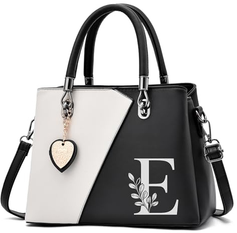 I IHAYNER Womens Leather Handbag Top Handle Tote Satchel with Personalized Initials Contrast Color Shoulder Bag for Ladies