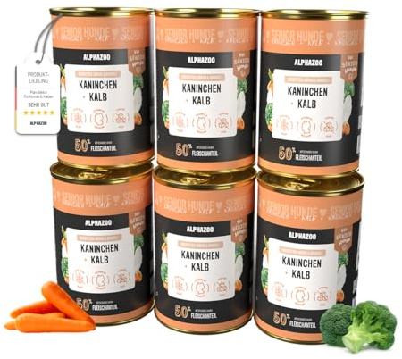 alphazoo Nassfutter Senior Hund mit Kalb + Kaninchen 6×400g – getreidefreies Nassfutter Hund für ältere Hunde – leicht verdaulich, natürliche Zutaten, Premium Hundefutter Made in Germany