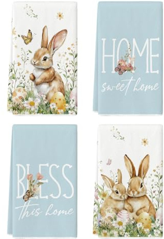 Artoid Mode Blau Hasen Blumen Schmetterlinge Ostereier Ostern Küchentücher Geschirrtücher, 42x65 cm Schmetterling Dekor Polyester Handtücher 4er Set