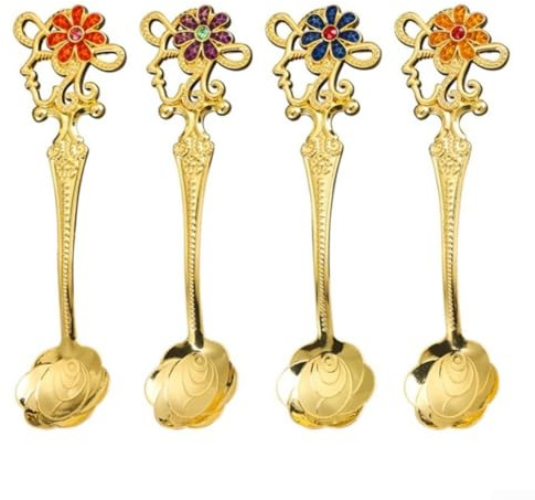 Honseadek Vintage Style Flatware Set, 4 Pcs Gold Retro Metal Cutlery with Flower Shape, Zinc Alloy Coffee Mixing Spoons and Fruit Forks, Small Stirring Spoons(B Spoon Set)