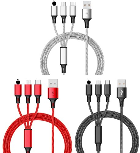SINJAETRQ Multi Charging Cable​3 Packs, 3A 3 in 1 Fast Charging Cord,1.2M Nylon Braided Multiple USB Cable​ with Micro USB Type C Cable Connector（Black+Sliver+Red）