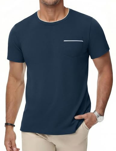 iClosam Men's Cotton T Shirt Short Sleeve with Colour Block Chest Pocket | Crew neck, regular fit, summer style, suitable for business and casual wear, sizes S–3XL