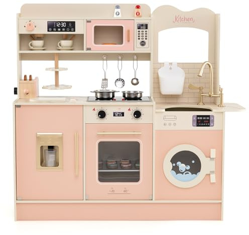 Maxmass Wooden Toy Kitchen, Kids Role Play Kitchen with Light, Sound, Toaster, Coffee Machine, Ice Dispenser, 25 PCS Accessories, Children Pretend Kitchens for 3+ Years Old Boys Girls (Pink)
