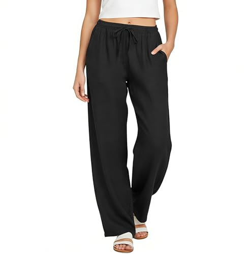 Neteson Pantalones Mujer Verano Casual Pantalones de Lino de Algodón Largos | Pantalón Fluido Anchos Playa Cómodos Ligero Cintura Alta con Bolsillos