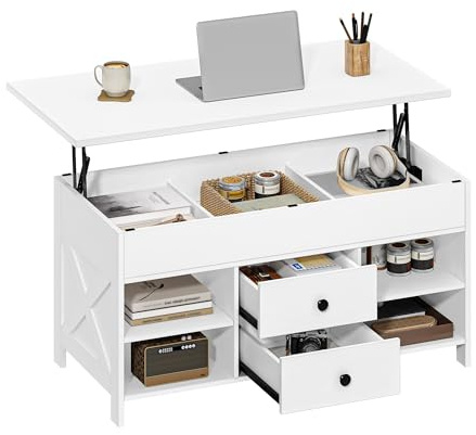 Hzuaneri Mesa de Centro Elevable, 100cm Blanco, Mesa de Salón con 2 Cajones