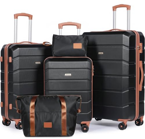 H.yeed Luggage Sets of 5 Piece, Lightweight Trolley Travel Suitcase Set ABS Hard Shell with 4 Spinner Wheels TSA Lock for Man Women, 21 + 24 + 28+ Duffels Bag & Toiletry Bag (Black, 5 Piece Set)