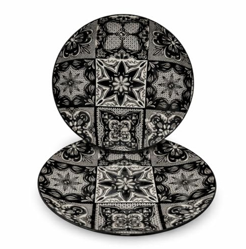 cecaro group Set Piatti 12 Pezzi in Ceramica Maiolica Nera 6 Piatti Piani Ø 23 cm + 6 Piatti Fondi – Servizio Tavola Moderno Decorato Bianco e Nero – Lavastoviglie e Microonde