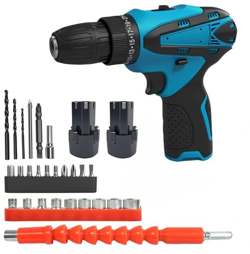Power Drill Driver & Screw Bit Set, Cordless & Rechargeable Electric Screwdriver with 2X 3.0Ah Batteries, 25+1 Torque, 3/8 Chuck, 2 Speed, 45Nm, LED Light, Ideal for Home DIY Project