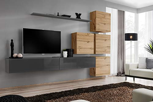 All4All Wohnwand SW 9 - Wohnzimmermöbel - Schrankwand für Wohnzimmer - Wohnzimmerschrank - Anbauwand - Wohnwand Hängend - Modern - Grau+Wotan 21