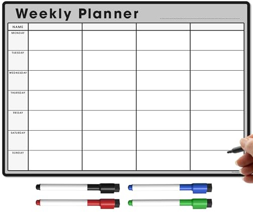 The Magnet Shop A3 Magnetischer Wochenplaner und Organizer - Whiteboard für Familien, Geschäftsaufgaben und Mahlzeitenplanung - mit 4 gratis magnetischen trocken abwischbaren Stiften (grau, A3)