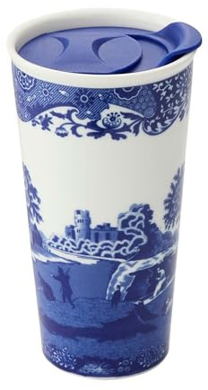 Spode Blue Italian Travel Mug | 12-Ounce Capacity | Made of Porcelain | Travel Tumbler for Coffee and Tea | Hot Water Cup | Dishwasher and Microwave Safe