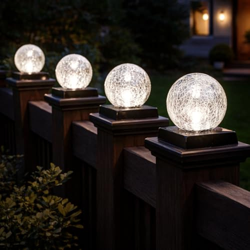 Garden Mile Set of 4 Solar Fence Post Lights with Crackle Glass Ball LED Lights for Garden Fence Posts, Outdoor Waterproof Decking, Patio & Pathway Lighting