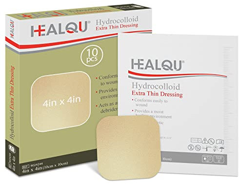 Healqu Hydrokolloid-Wundverband 10x10 cm dünn Box mit 10 großen Verbänden sterilisierte, umrandete Hydrokolloid-Pflaster für Wundliegen, Schürfwunden und mehr – wasserdicht und saugfähig mit Schutz