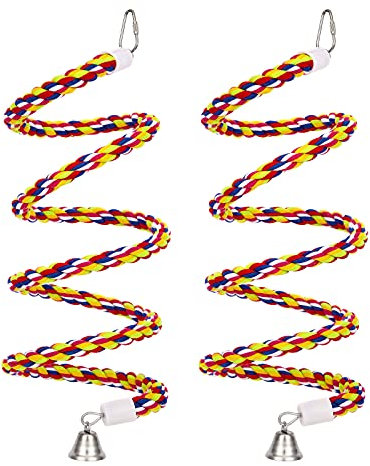 2Pcs 43'' Bird Rope Perches Birdcage Swing Toys 100% Cotton Natural Bird Perch Peck/Chewing with Vintage Bell Climbing Standing Bungee Parrot Toys for Small to Regular Size Parrot Cockatiel Birds