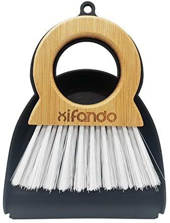 Xifando Mini-Besen und Kehrschaufel für Haushalt, Bambusgriff, Kombination, Mini-Schreibtisch-Sweep, Tastatur-Reinigungsbürste mit Schaufelbürste, runder Bambusgriff