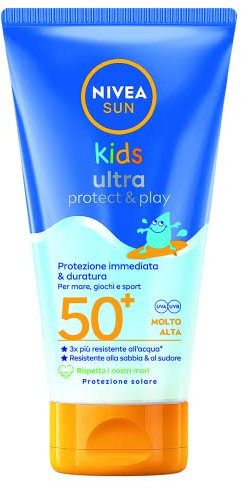 NIVEA SUN Latte Solare Kids Ultra Protect & Play FP50+ 150 ml, Protezione solare per bambini estremamente resistente all'acqua, Crema solare per bambini dai 3 anni in su