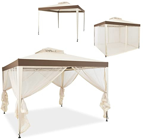 GYMAX 3 x 3 m Doppeldach Pavillon, Gartenpavillon Sonnenschutz mit Entlüftung, Partyzelt Festzelt mit Moskitonetz & 4 abnehmbaren Seitenwänden, mit Eisengestell, für Fest Party Camping (Beige)