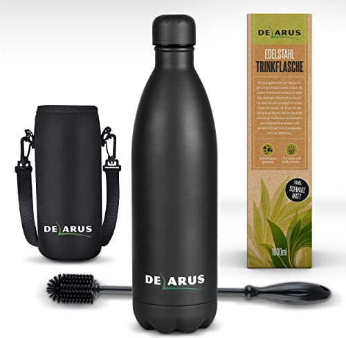 !! SONDERANGEBOT !! Delarus Trinkflasche Edelstahl - Auslaufsichere 1000ml Wasserflasche - Nachhaltige Isolierflasche BPA-frei - Für Kohlensäure, heiße und kalte Getränke (Schwarz matt)