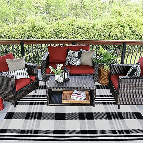 Buffalo Plaid Teppich 122 x 182 cm schwarz und weiß Outdoor Teppich Baumwolle handgewebt karierte Vorderseite Willkommen Fußmatte für Veranda, Küche, Bad, Eingangsbereich, Wohnzimmer (122 x 182 cm)